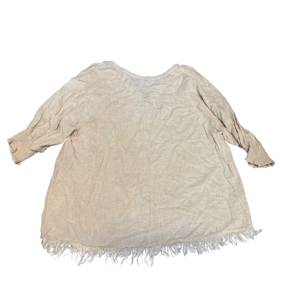Umgee Linen Blend Henley Blouse Beige Boho Frayed Fringe Hem Smocked Sleeve L - Picture 7 of 7